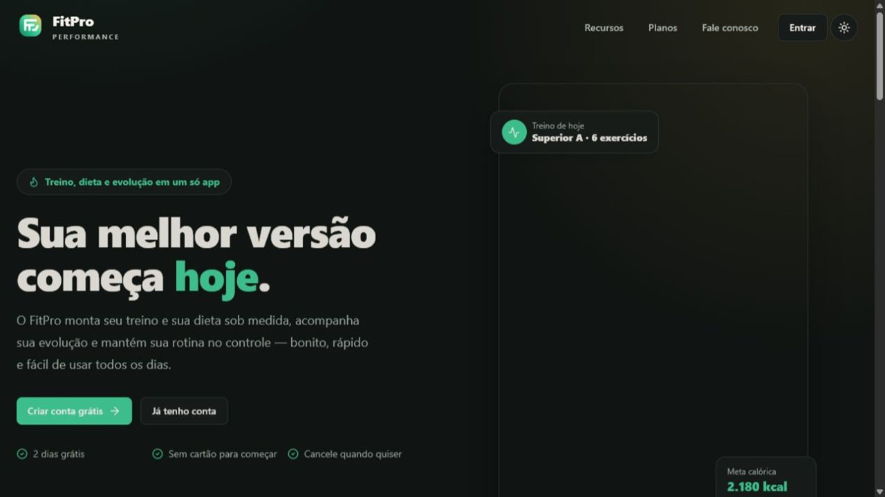 Página inicial do produto digital FitPro
