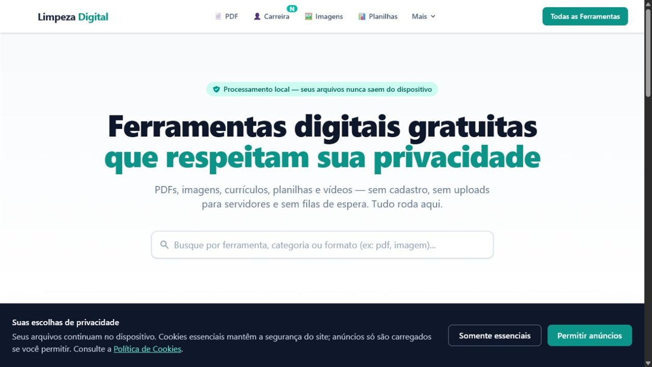 Página inicial da plataforma Limpeza Digital